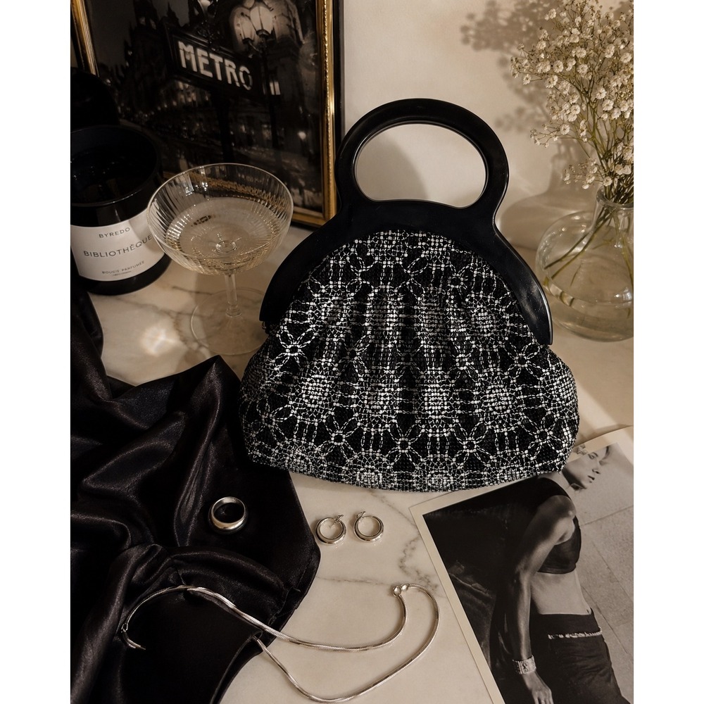 Whiting & Davis Black Mesh Evening Handbag Vintage Lucite Handle Cocktail Bag